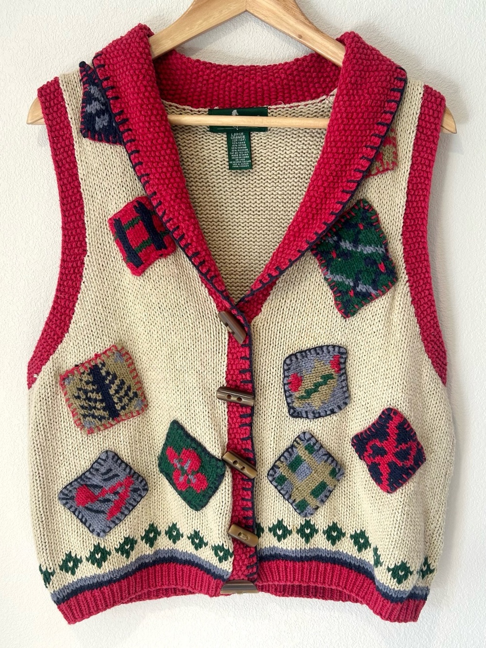 Hunt Club Vintage 90s Patchwork Sweater Vest Preppy Grandmacore Size LP